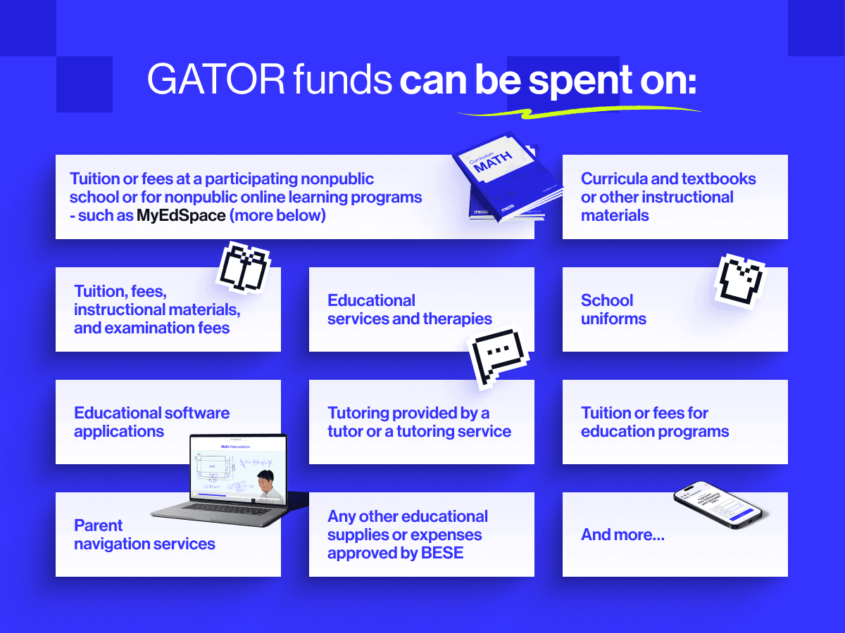 GATOR funds can be spent on: tuition, curricula, textbooks, educational services and therapies, tutoring, school uniforms, educational software, and more