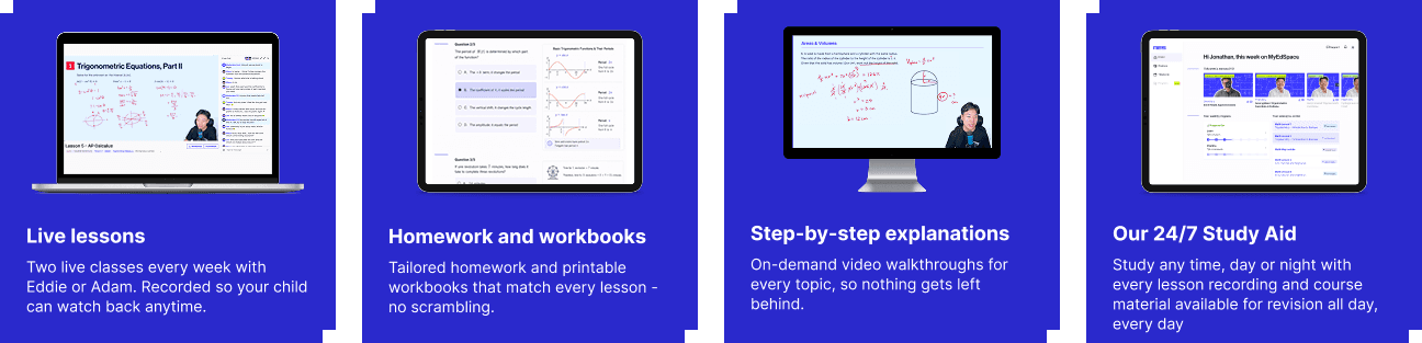 What's included: live lessons, homework and workbooks, step-by-step explanations, and 24/7 Study Aid